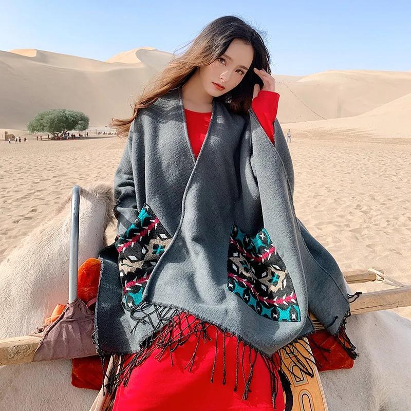 21 Style Big Pendulum Cloak With Hat Arabic Poncho Women Leopard Pocket Shawl Cape Knitted Middle East Split Thick Warm Blanket