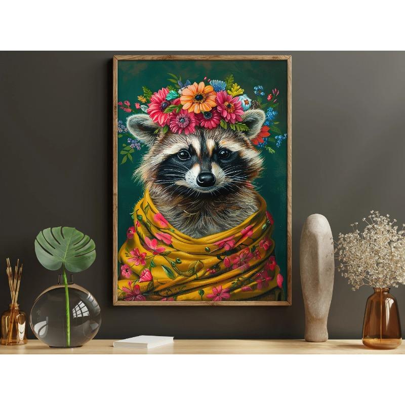 Vintage Maximalist Floral Animal Painting Golden Retriever Lion Owl Peacock Raccoon Wolf Canvas Print Decorations for Wall Art