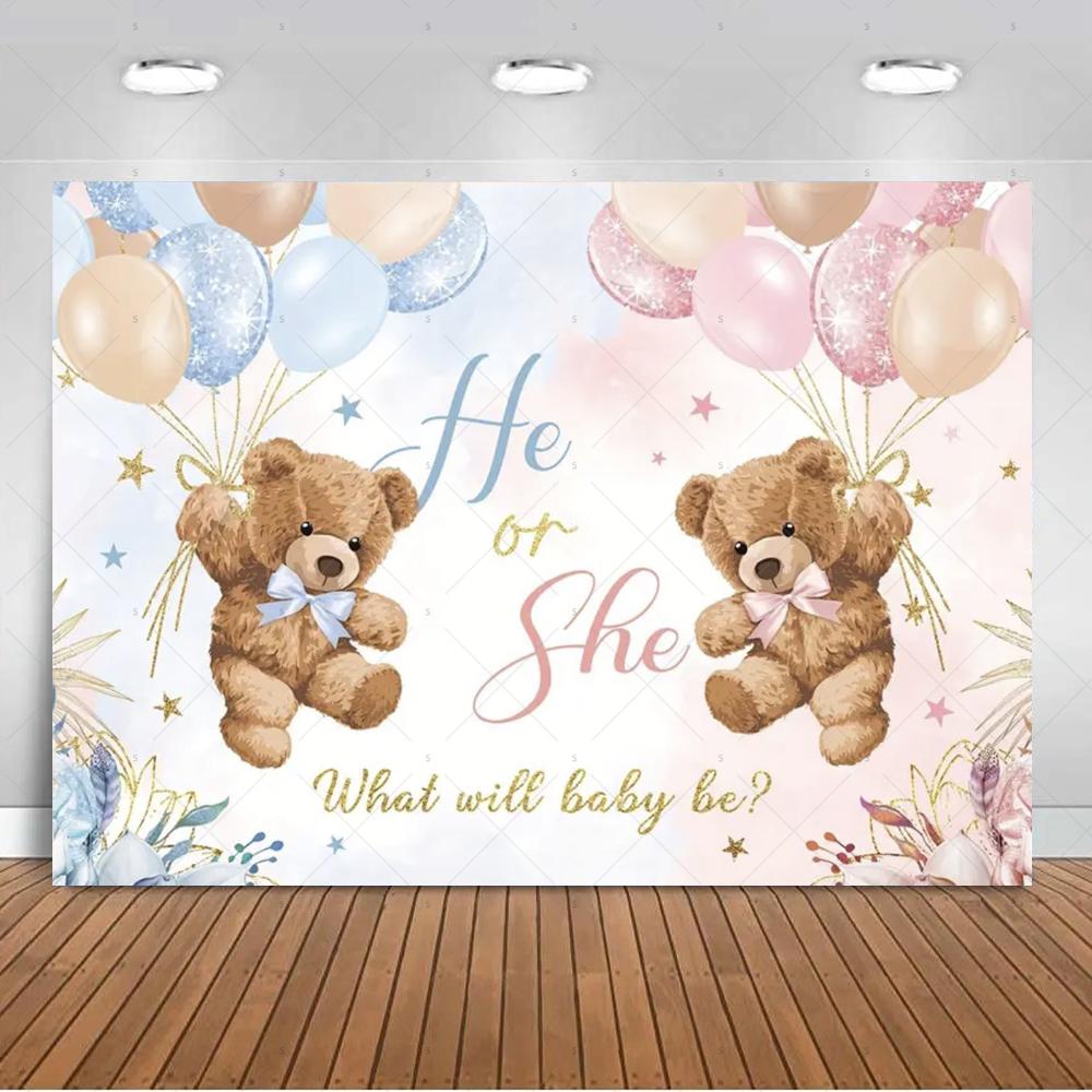 The genre Reveal theme backdrop baby party decorations supplies pink blue bear gift banner newborn shower photography4866