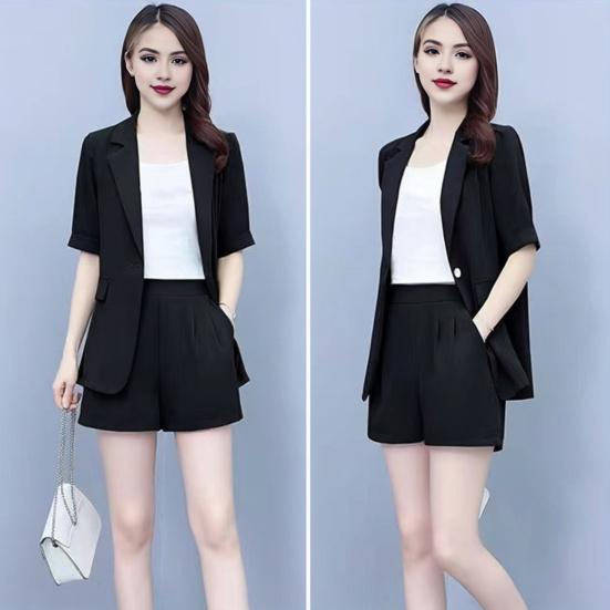2 Piece Women Casual Outfit Lapel Short Sleeve Blazer Shorts Solid Color OL Style Single Button Blazer Shorts Set Elegant Office Suit