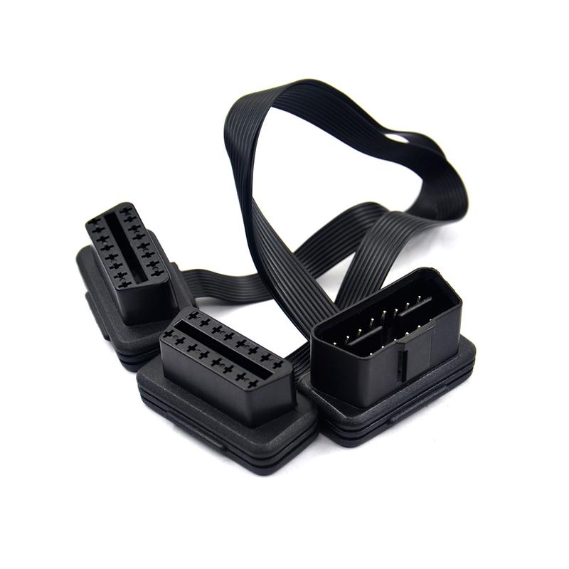 Dual Female Y Splitter Elbow 16Pin OBD 2 Extender ODB OBD2 Cable 16 Pin Male To Female Flat Noodle OBD2 Extension Cable
