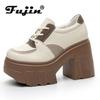 Fujin 11cm Genuine Leather Women High Brand Casual Ankle Knee High Boots Platform Wedge Pumps Heels White Shoes ZIP Shoes
