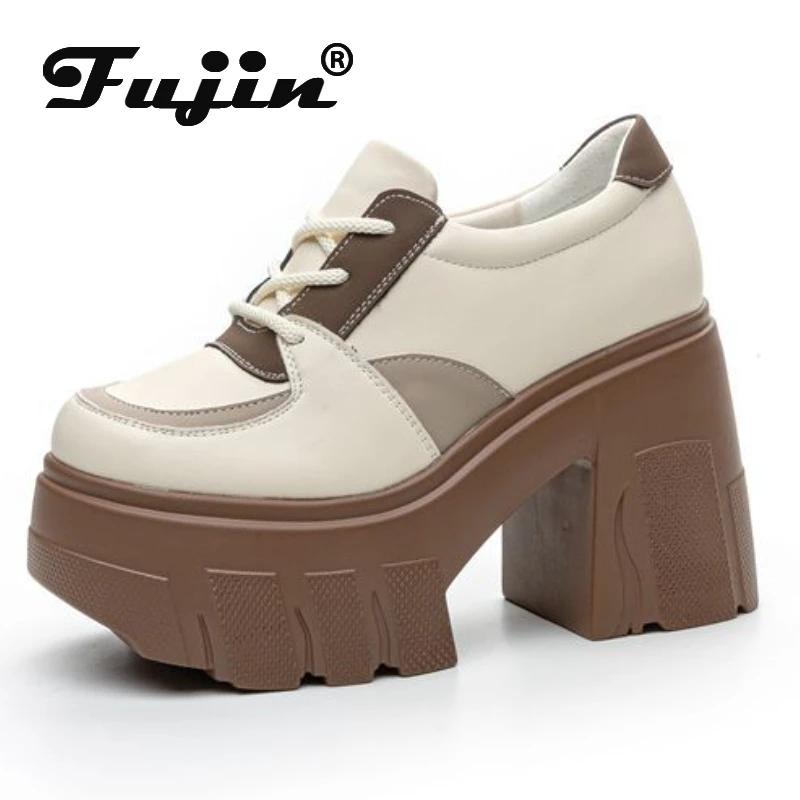 Fujin 11cm Genuine Leather Women High Brand Casual Ankle Knee High Boots Platform Wedge Pumps Heels White Shoes ZIP Shoes