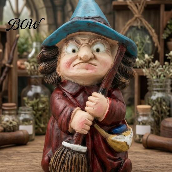 Small Halloween Figurine Witch on Broomstick Resin Figurine, Gnome Statue with Wizard Hat, For Shelf Vintage Spooky Decor for Desk Table, Gift Lovers