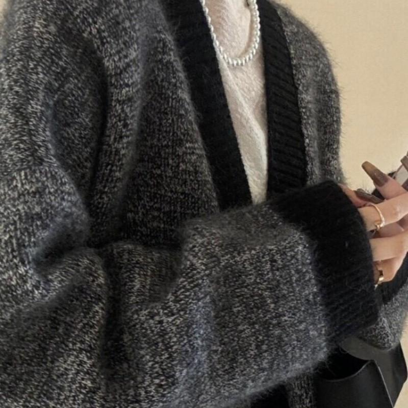 Womens V-Neck Knit Cardigan Dark Gray Loose Sweater Fall 2025 Soft Casual Outerwear