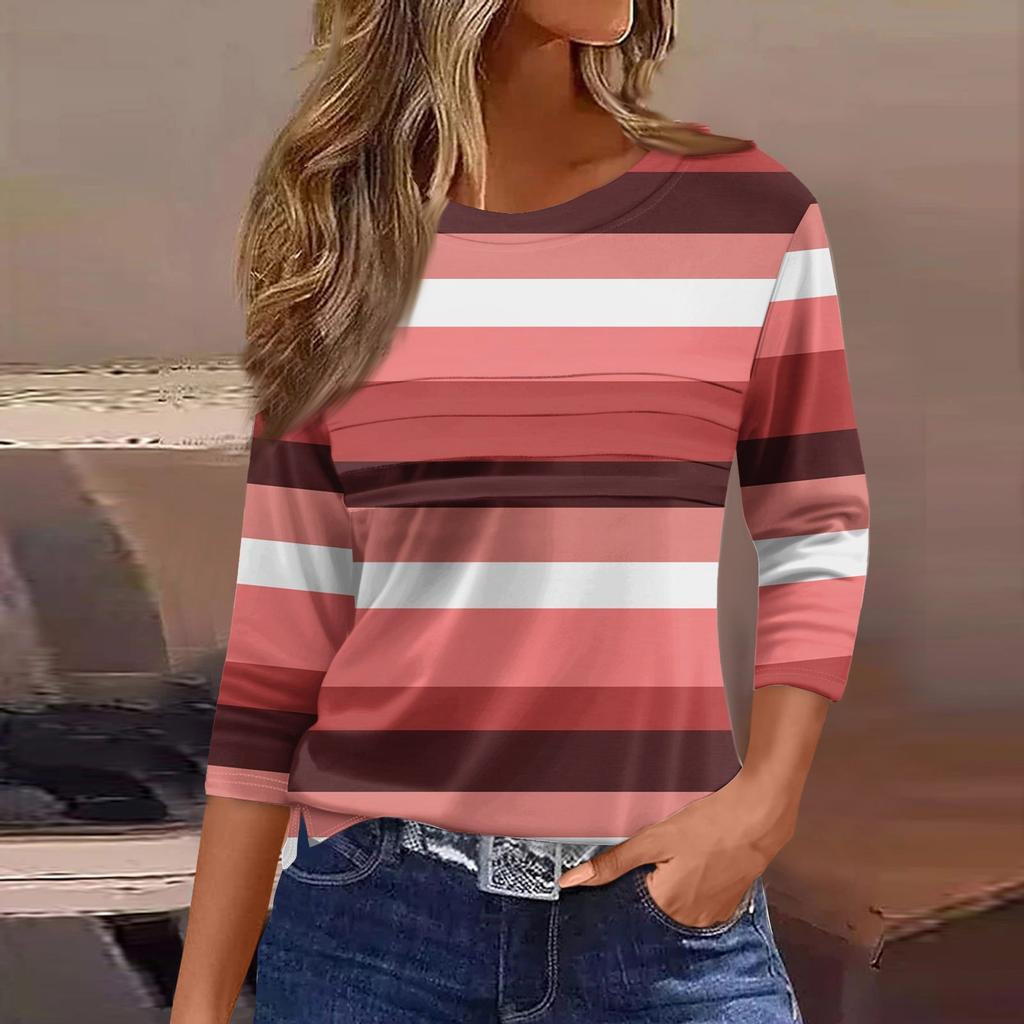 Женская мода повседневный свободный топ с рукавом 3/4 в полоску с круглым вырезом