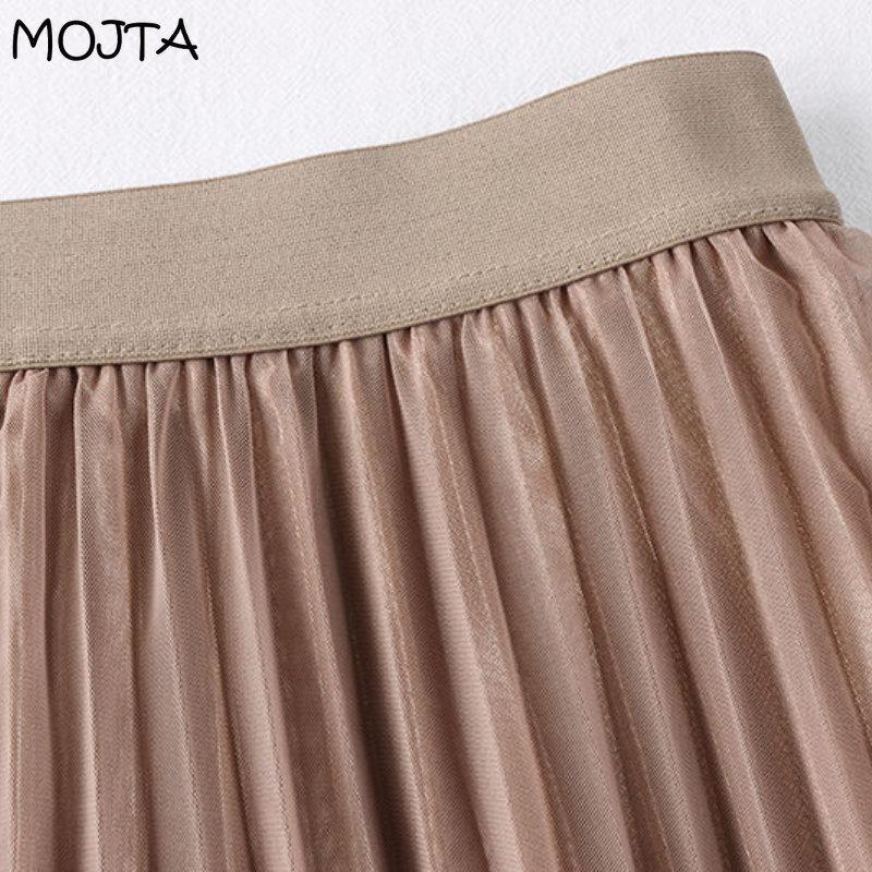 MOJTA Mid-length Skirt Spring Summer Women's Pleated Elastic Dots High Waist Skirt A-line Long Skirt