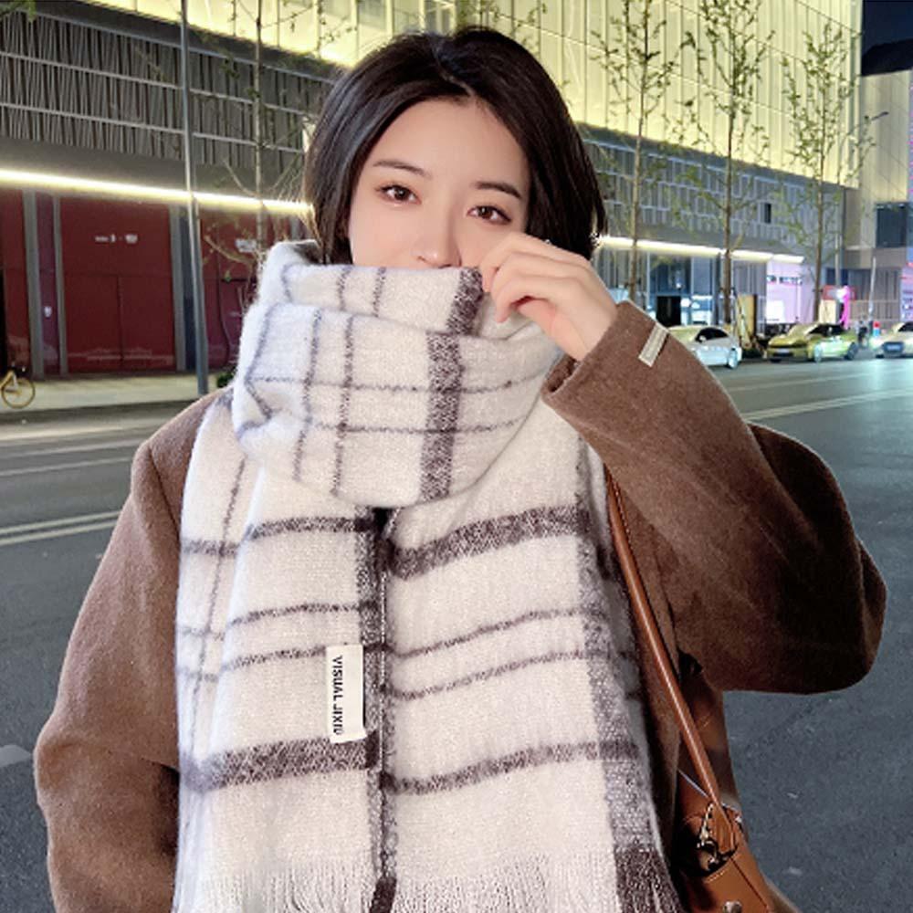 Длинный клетчатый вязаный шарф Теплая шаль с кисточками Корейский стиль Унисекс Утепленный шарф Зима