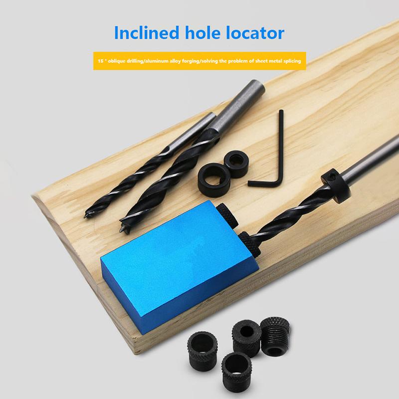 Woodworking Oblique Pocket Hole Locator Jig Kit 15 Degree Angle Drill Guide Set Hole Puncher Diy Carpentry Tools Drill Bits