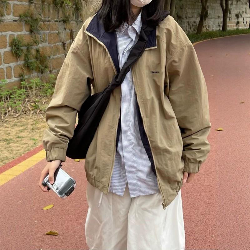 Unisex Oversized Streetwear Jacket In Khaki Navy Relaxed Fit Baseball Collar Outerwear Fall