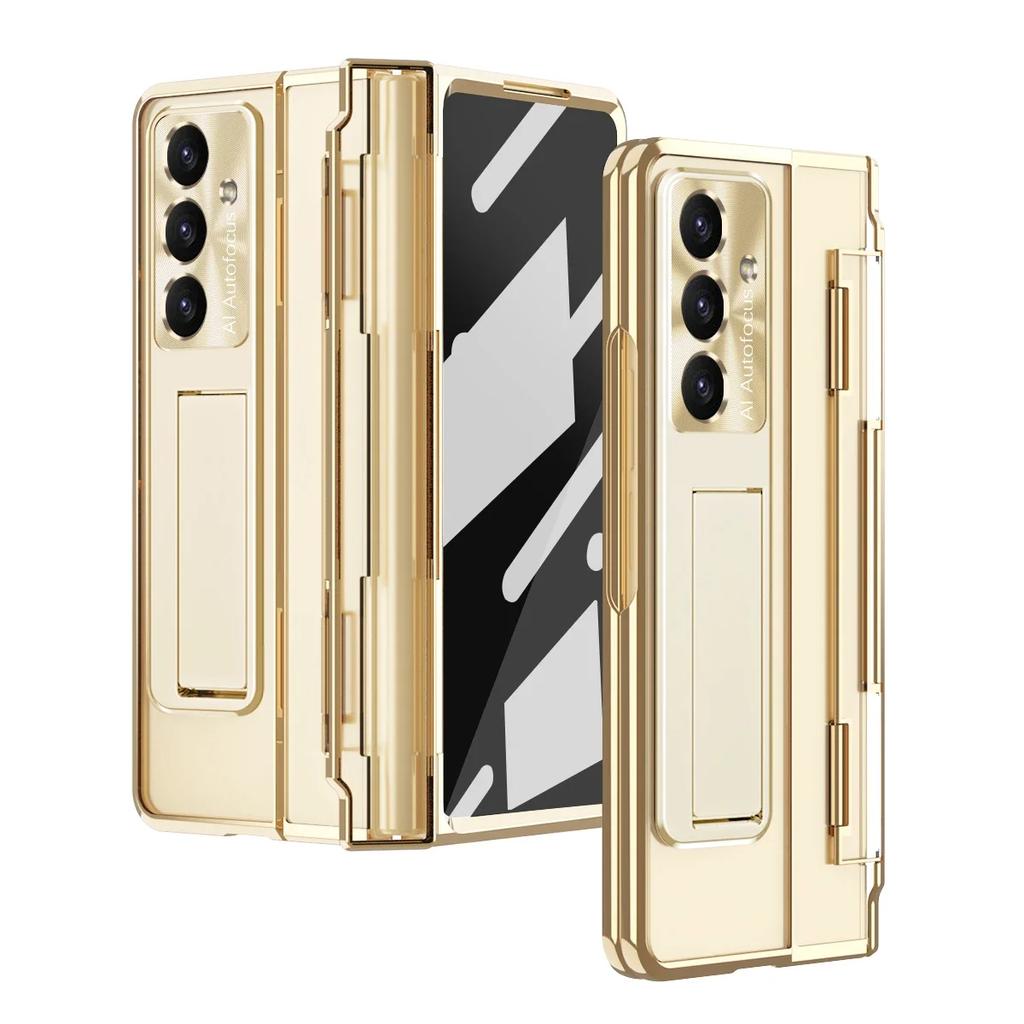 For Samsung Galaxy Z Fold 7 6Case Clear Electroplated Metal Lens Holder with Folding Hinge Tempered Film Optional Touch Pen Slot