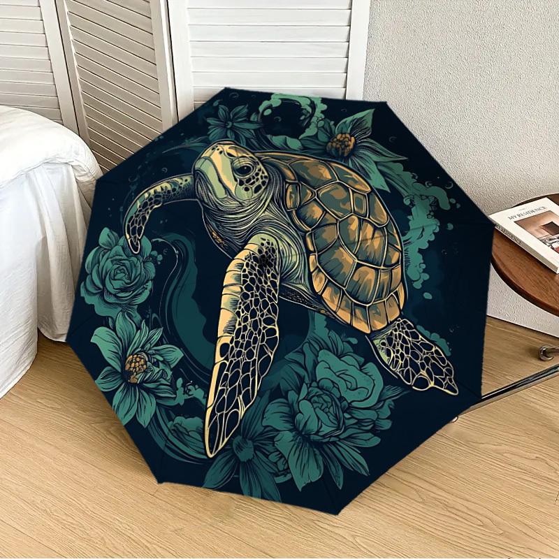 1pc Turtle Floral Print Fashionable Automatic Opening/Closing Folding Umbrella with 8 Iron Bones, Plastic Handle yy251015052