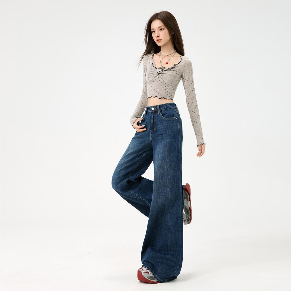 Retro washed high waist thin drape does not stick to the legs micro-horn mopping wide-leg pants, retro blue nine-point denim cotton
