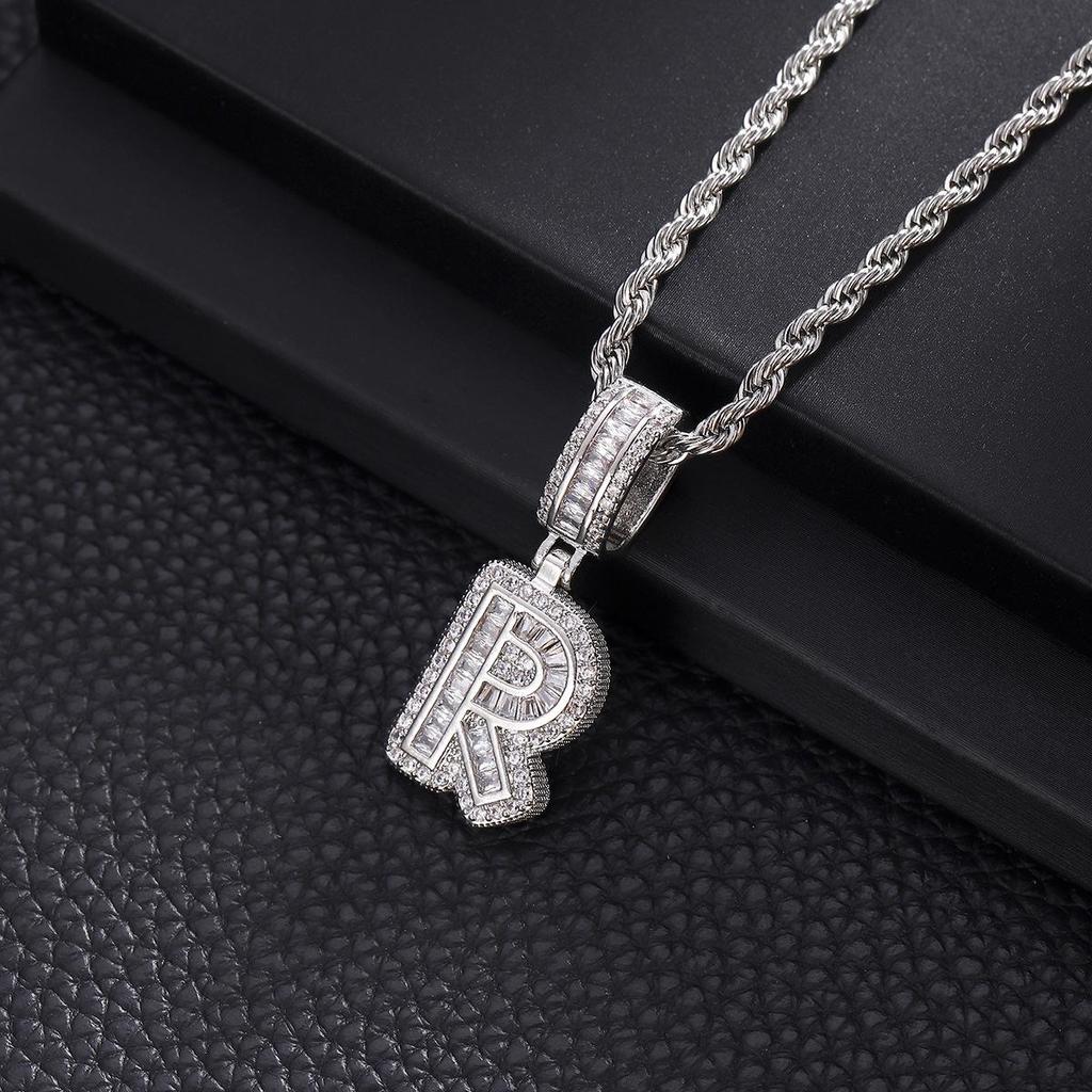 Zircon Inlaid Rock Sugar Initial Pendant Necklace - European & American Hip-Hop Style