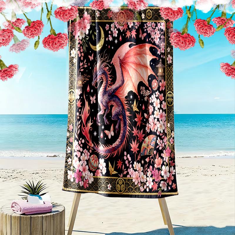 Vintage Floral Dragon Print Beach Towel, Large Soft Quick Dry Towel for Beach Camping Swimming