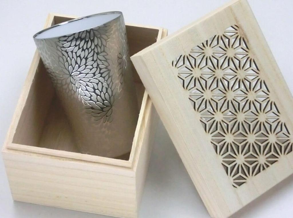 Platinum Tumbler with Chrysanthemum in a Wooden Made in Japan J-Kitchens Ultra-Thin Design, 370ml, Box,