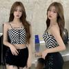 Женский корейский клетчатый тонкий укороченный топ на молнии с открытым пупком