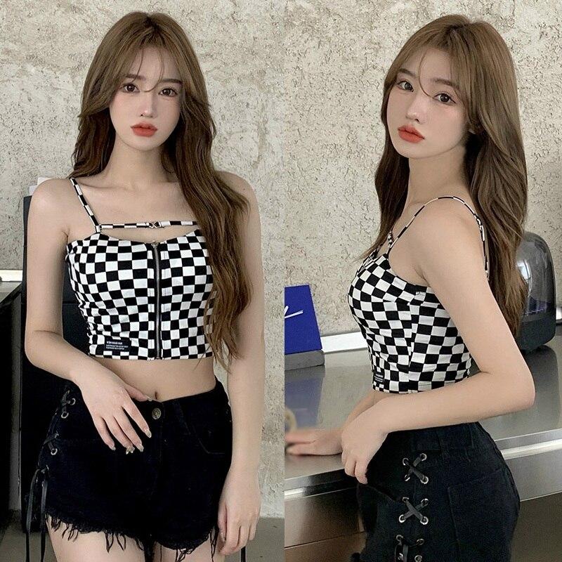 Женский корейский клетчатый тонкий укороченный топ на молнии с открытым пупком