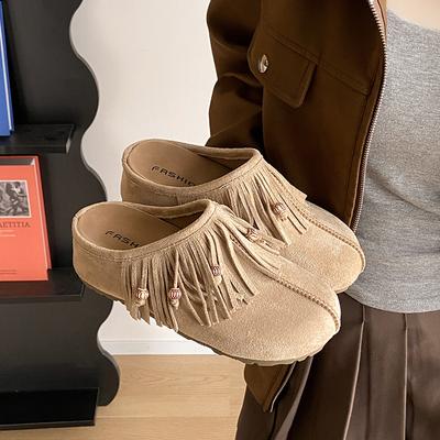 Новые женские ретро-сумки с внутренней платформой, полушлепанцы с бусинами и кисточками из замши, универсальная модная обувь