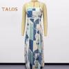 Women Vacation Dress Printed Patchwork Low-cut Square Neck Backless Sleeveless A-line Full Length Beach Maxi Dress Summer Strappy Dress