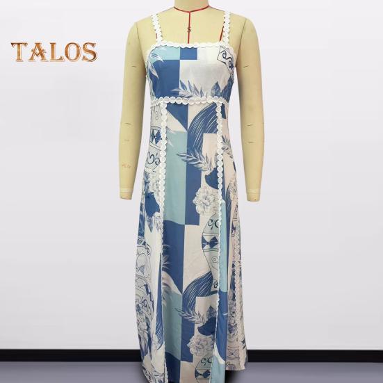 Women Vacation Dress Printed Patchwork Low-cut Square Neck Backless Sleeveless A-line Full Length Beach Maxi Dress Summer Strappy Dress