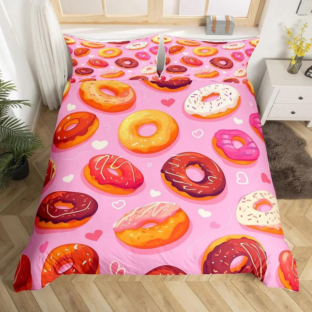 Kawaii Donut Duvet Cover Set Colorful Sweet Doughnut Bedding Set Delicious Dessert Pink Purple Comforter Cover Girls Room Decor