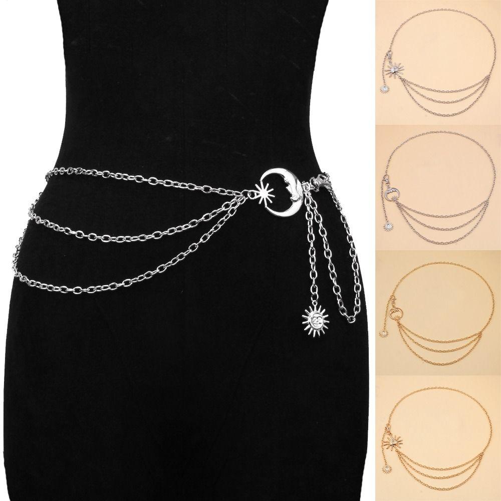 Vintage Punk Thin Waist Chain Gold Silver Dress Cummerbands Sun Moon Star Waistbands