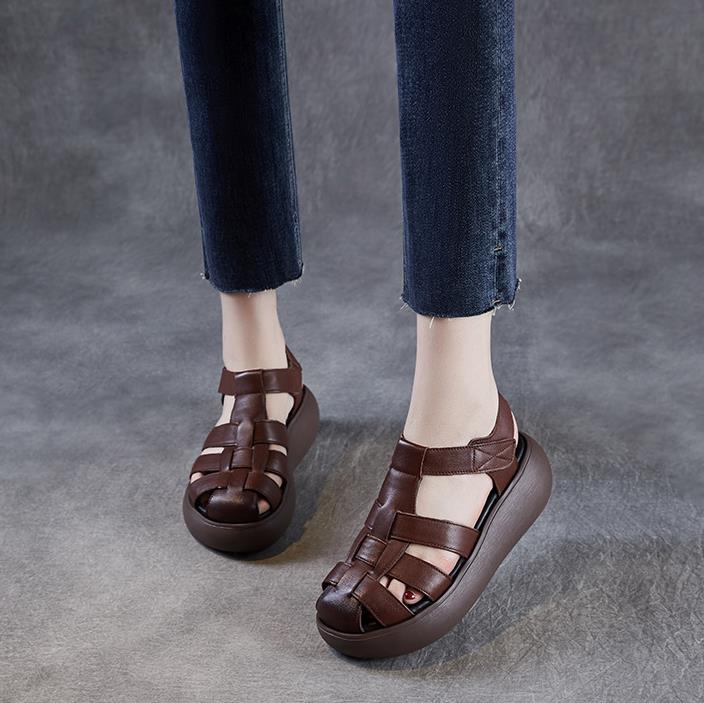 Fashion High Quality 6CM Cow Weave Genuine Leather Hollow Booties Sandals Boots Flats Women Mary Jane Pumps Platform Wedge SummerShoes