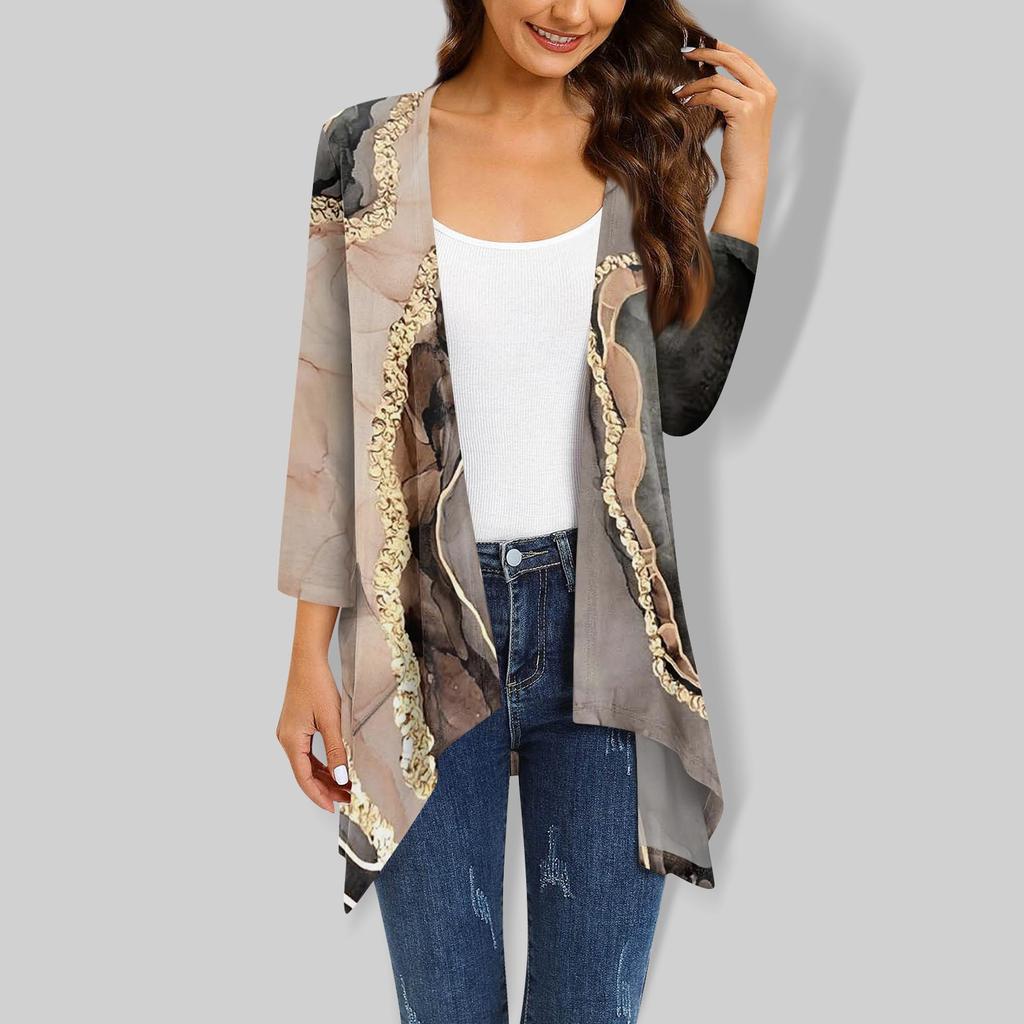Женский кардиган неправильной формы с принтом, рукавами три четверти и карманной курткой