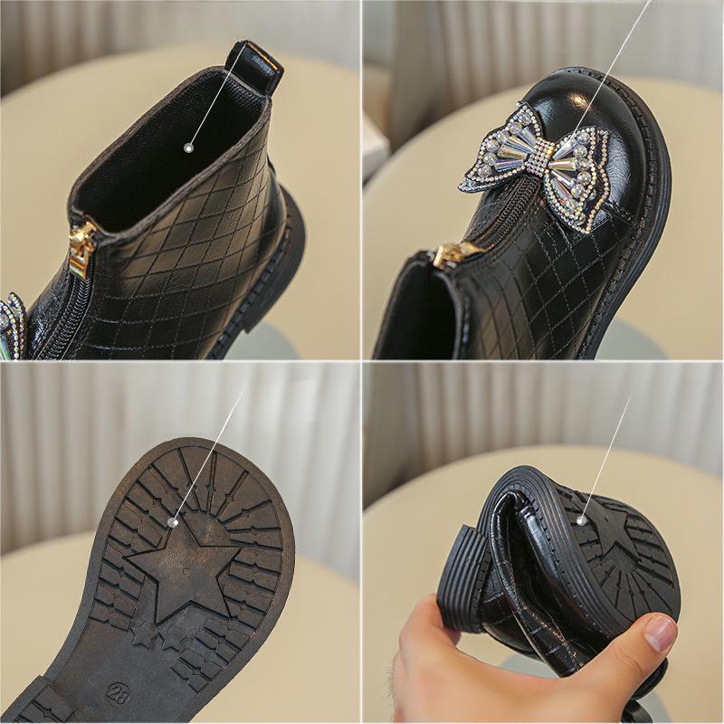 Модные ботинки для девочек с бантом из кристаллов, детские ботильоны из искусственной кожи на молнии, короткие детские ботинки принцессы с мягкой подошвой