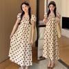 2024 Chic French Maternity Polka Dot Midi Dress with Puff Sleeves