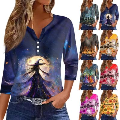 Женская футболка с принтом на Хэллоуин, на пуговицах, рукав 3/4, повседневная мода на выходные, базовый топ с V-образным вырезом