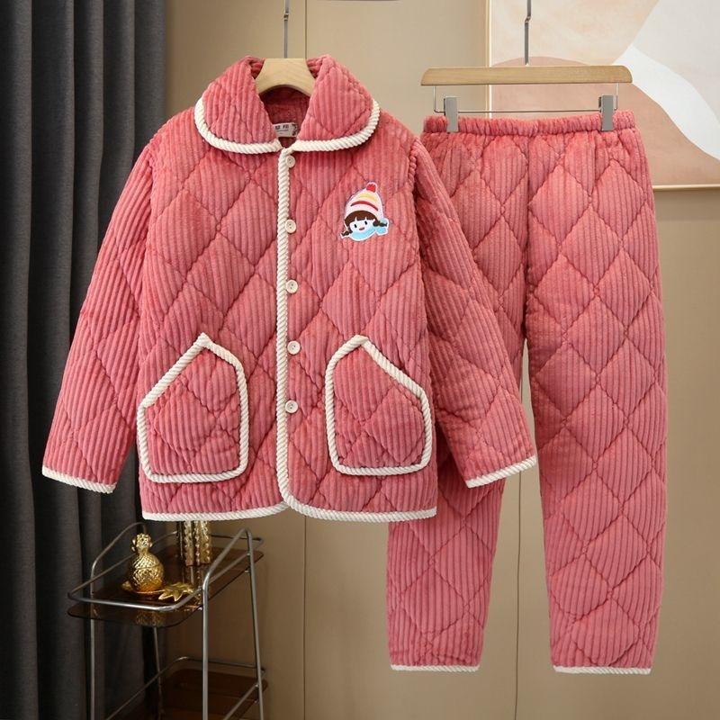 Утепленная пижама женская зимняя трехслойная коралловый флис с хлопковой подкладкой можно носить на улице, плюс милый комплект для дома