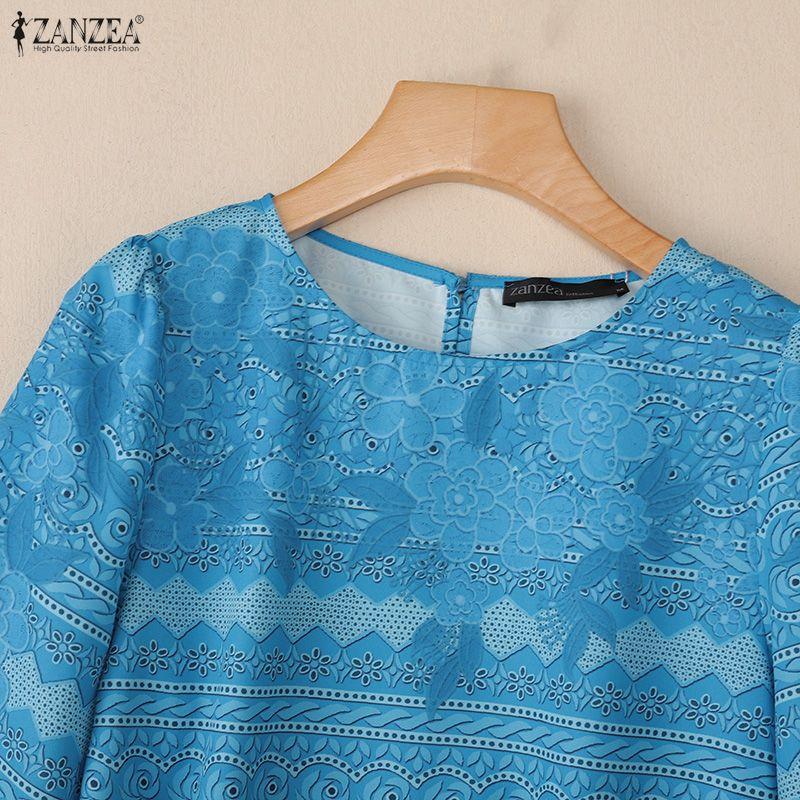ZANZEA Женская повседневная блузка с круглым вырезом, рукавом три четверти, свободного кроя, с принтом