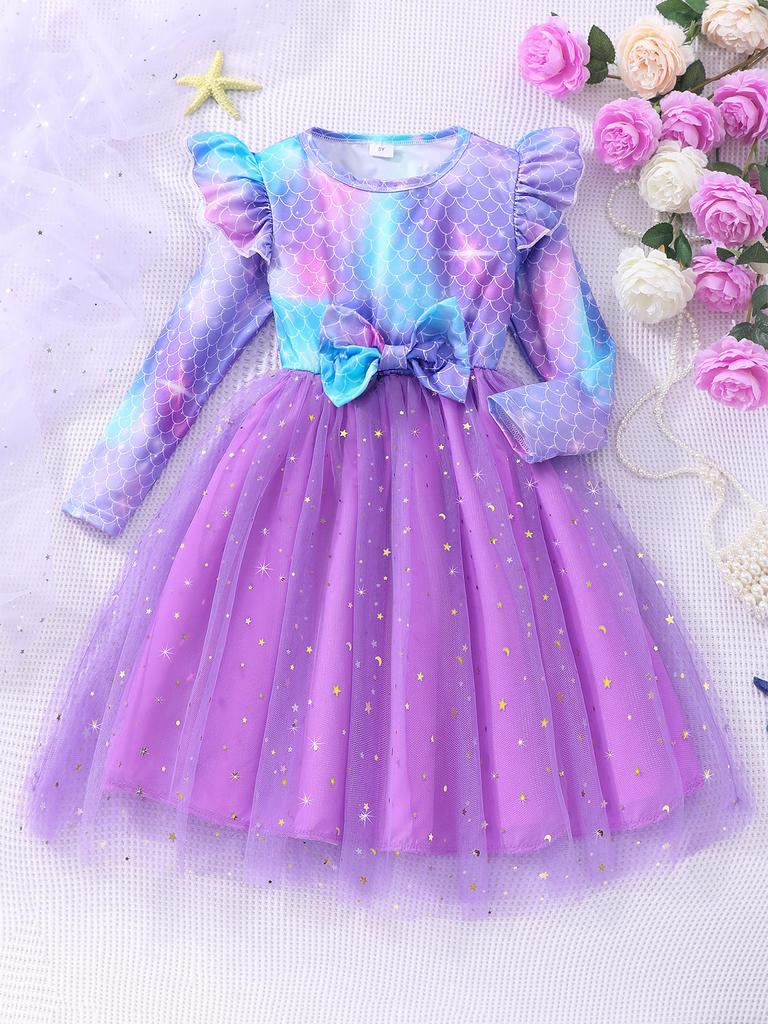 Girls Fashion Long-sleeved Round Neck Fishscale Mesh Dress Spring Summer Casual Dress for Children