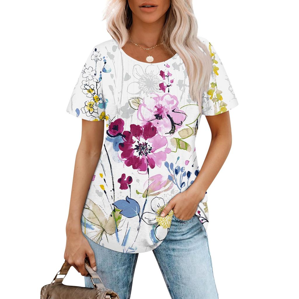 Women's Fashionable Casual Pleated Round Neck Gradient Printed Short Sleeved T-shirt Top
