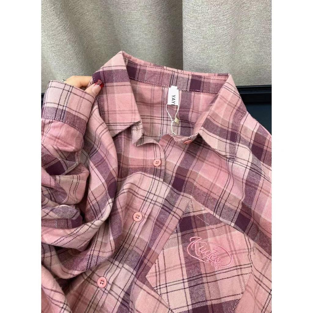 Весенне-осенняя женская рубашка с воротником поло, свободная повседневная клетчатая блуза, большой кардиган, женская блузка в корейском стиле