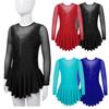 Kids Girls Stylish Dress Long Sleeve Sparkly Rhinestone Patchwork Style Gymnastics Leotard Dress Dancewear