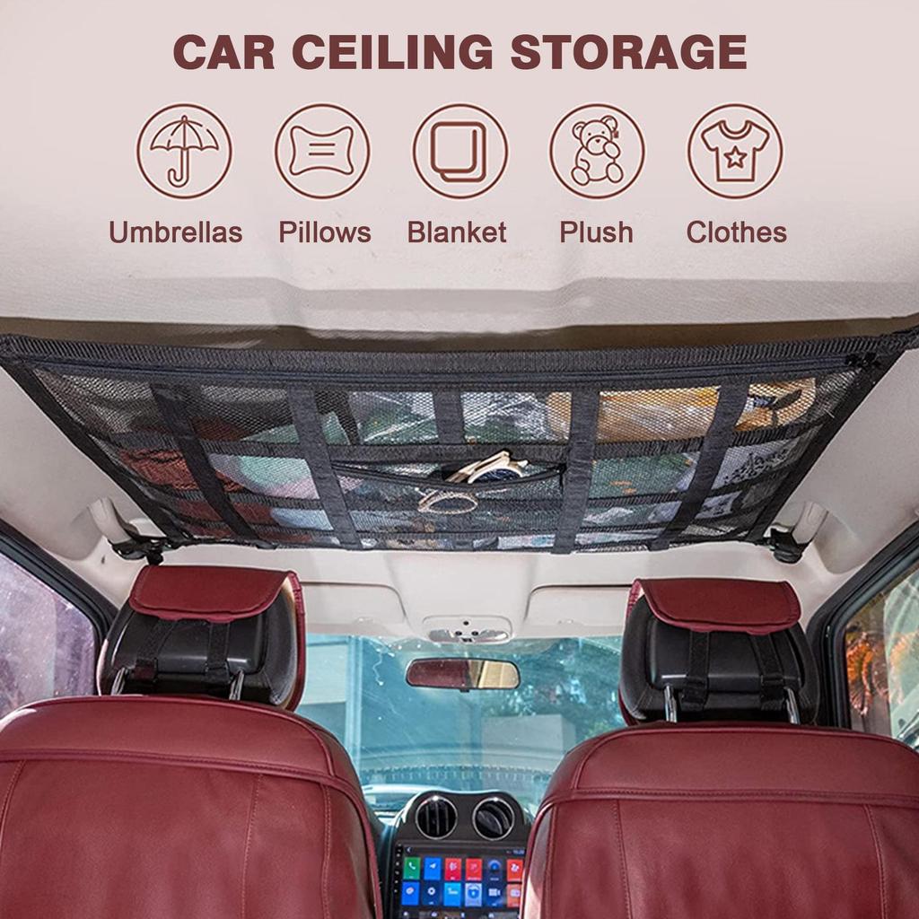 Car Roof Ceiling Cargo Storage Net Elastic String Pocket Mesh Organizer Bag Black Color Interior Storage Network F2a6