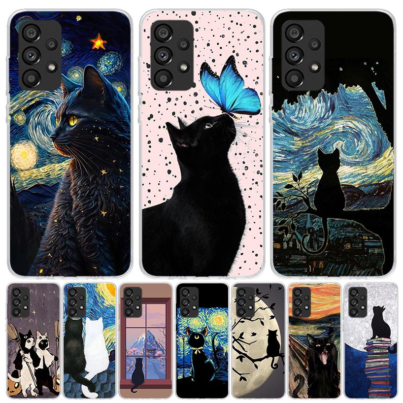 Black Cat Cartoon Cute Phone Case For Samsung Galaxy A13 A14 A15 A16 A53 A54 A55 A56 A33 A34 A35 A36 A23 A24 A25 A26 A05S A04S A