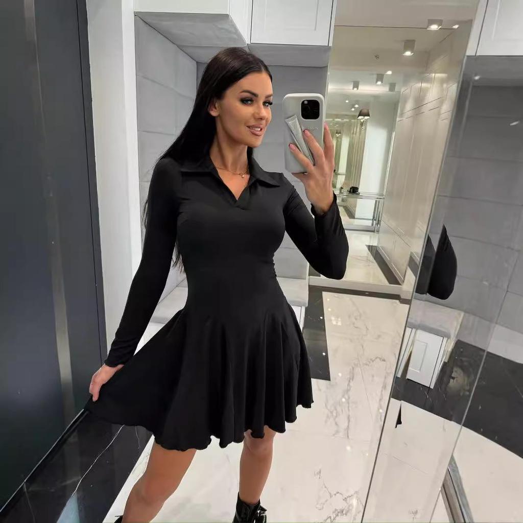 Женское осеннее платье с длинным рукавом, облегающее талию, с лацканами – однотонное