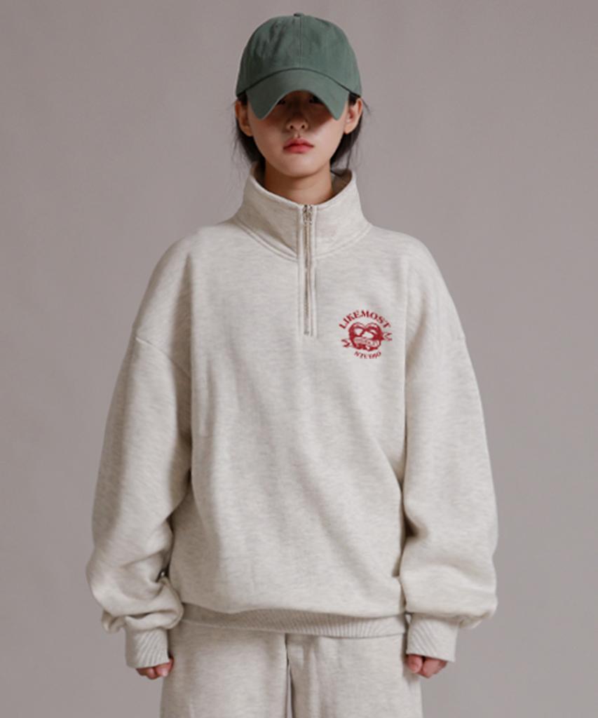 LIKE THE MOST Studio Heart Half-Zip Brushed Over Sweatshirt 4 Colors