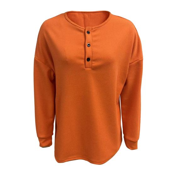 Женские топы с круглым вырезом, декорированные пуговицами, с длинным рукавом, пуловеры, однотонная текстурированная блузка вафельного переплетения для повседневной носки