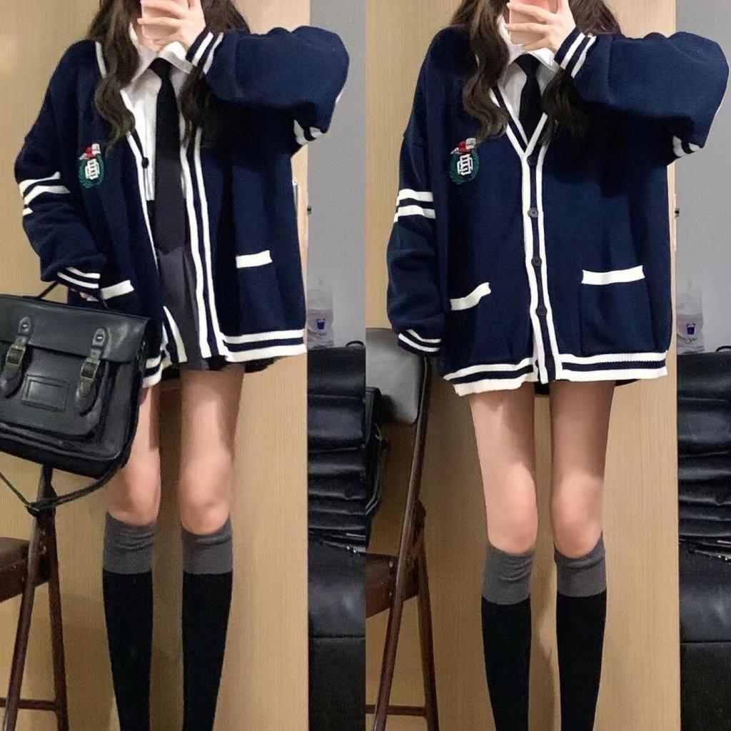 Колледж Стиль Новый Значок Вышивка Контрастный Цвет Свитер Кардиган Для Студенток Универсальный Трикотаж Куртка Модный