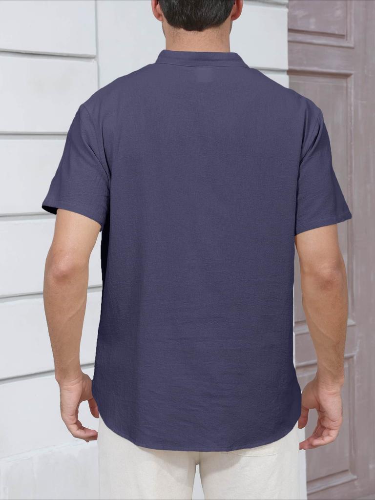 Летняя новая мужская легкая хлопково-льняная футболка с коротким рукавом и вырезом хенли - Дышащие повседневные однотонные топы, футболки базового стиля