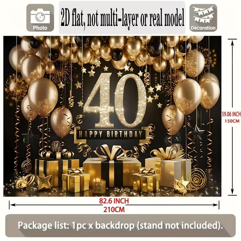 2D Black Gold 40th Birthday Backdrop Happy 40th Birthday Party Decoration Banner