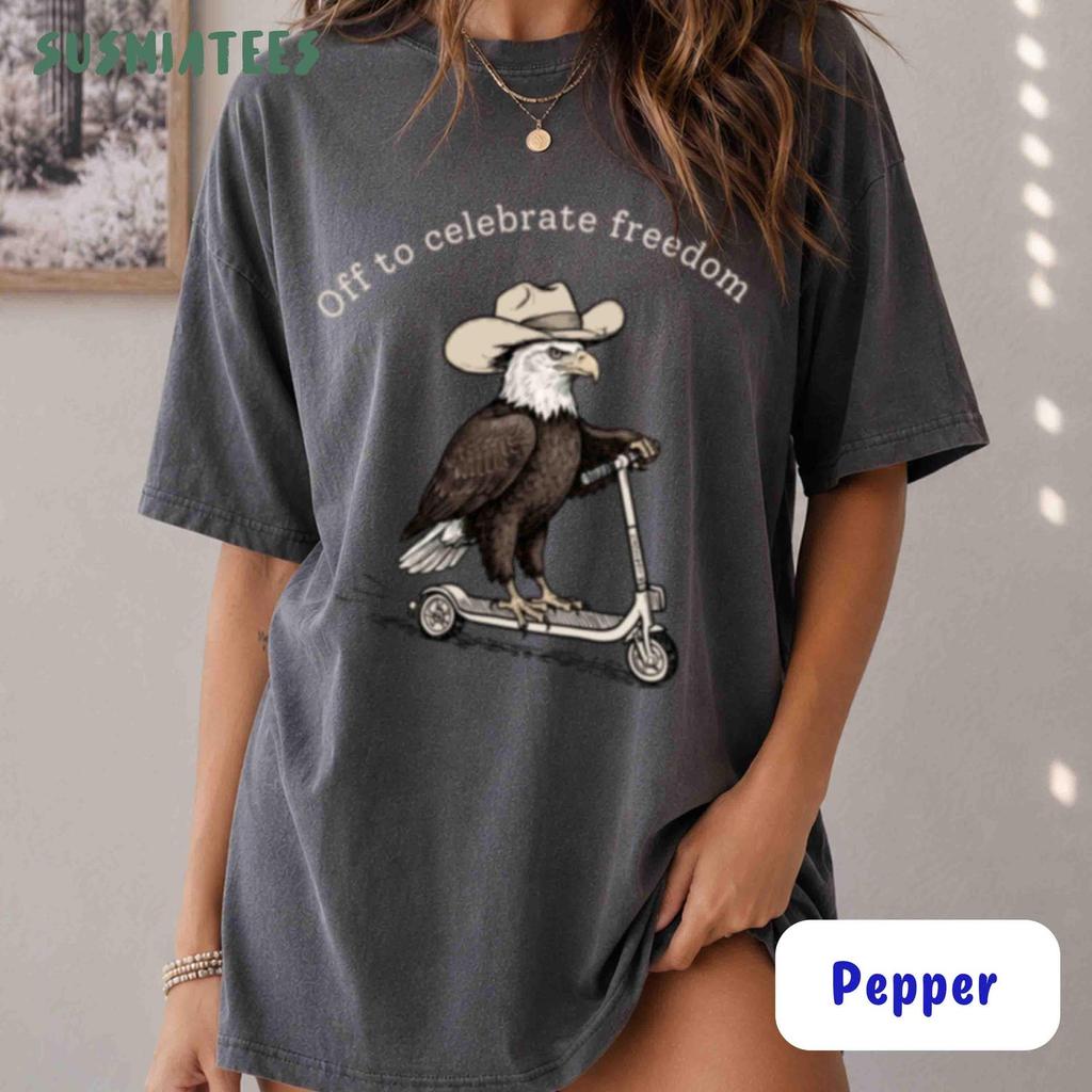 Fourth of July Comfort Colors T-Shirt, Off to Celebrate Freedom Unisex Tee, 4th of July Cowboy Scooter Bird 250 America Anniversary Tee