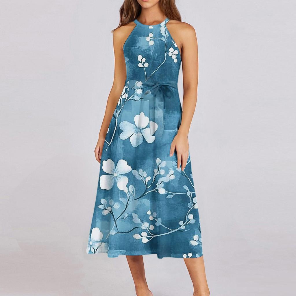 Женское повседневное платье миди с круглым вырезом, классическое, повседневное, без рукавов, свободное платье в стиле бохо с завязками, летний пляжный сарафан