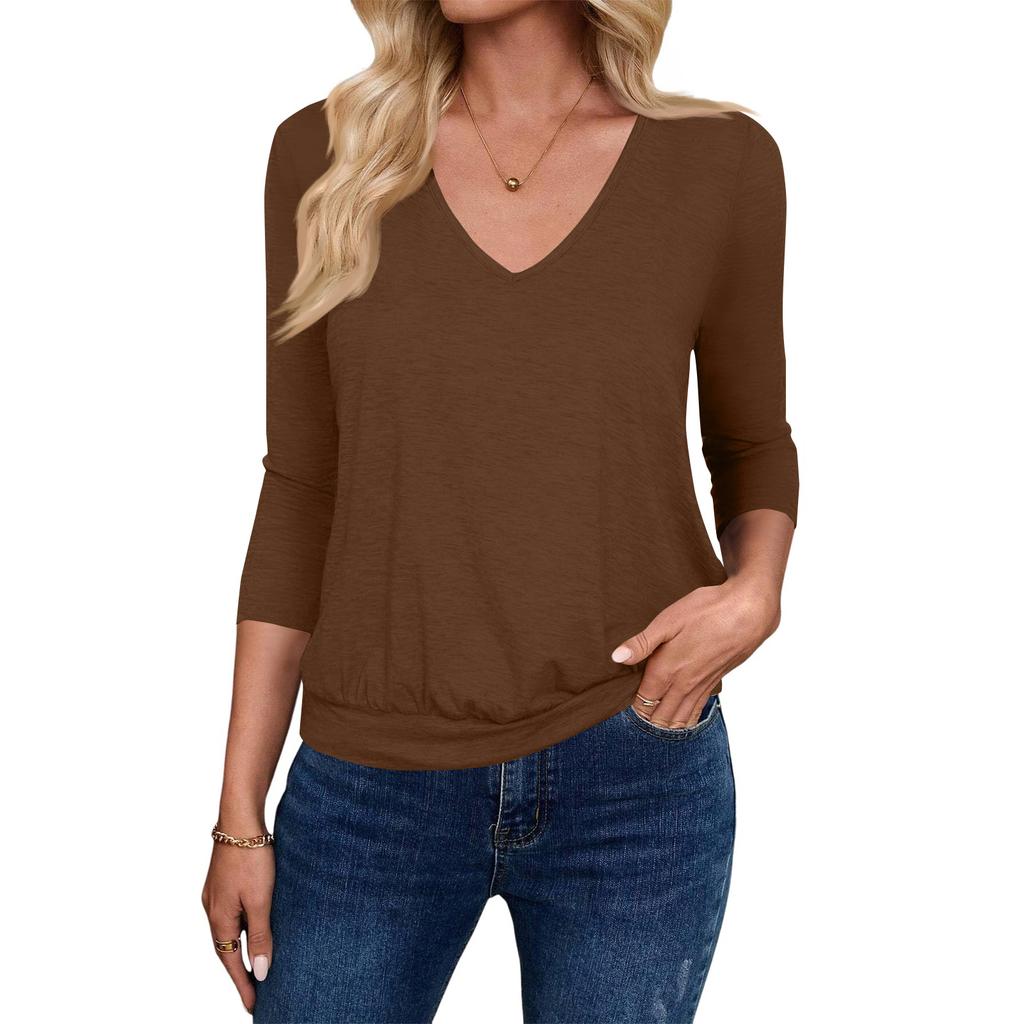 Women's Fashion Casual V-Neck Three-Quarter Sleeve Solid Color Top