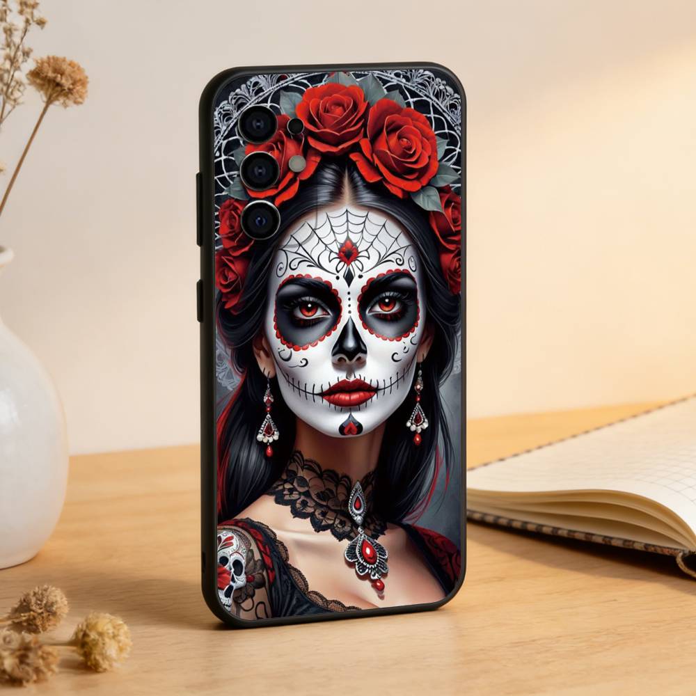 Чехол для телефона 'Мексиканская Катрина - Череп Девочки' для Samsung S25, S24, S21, S22, S23, S30, Ultra, S20, Plus, Fe, Мягкий Силиконовый Черный Чехол